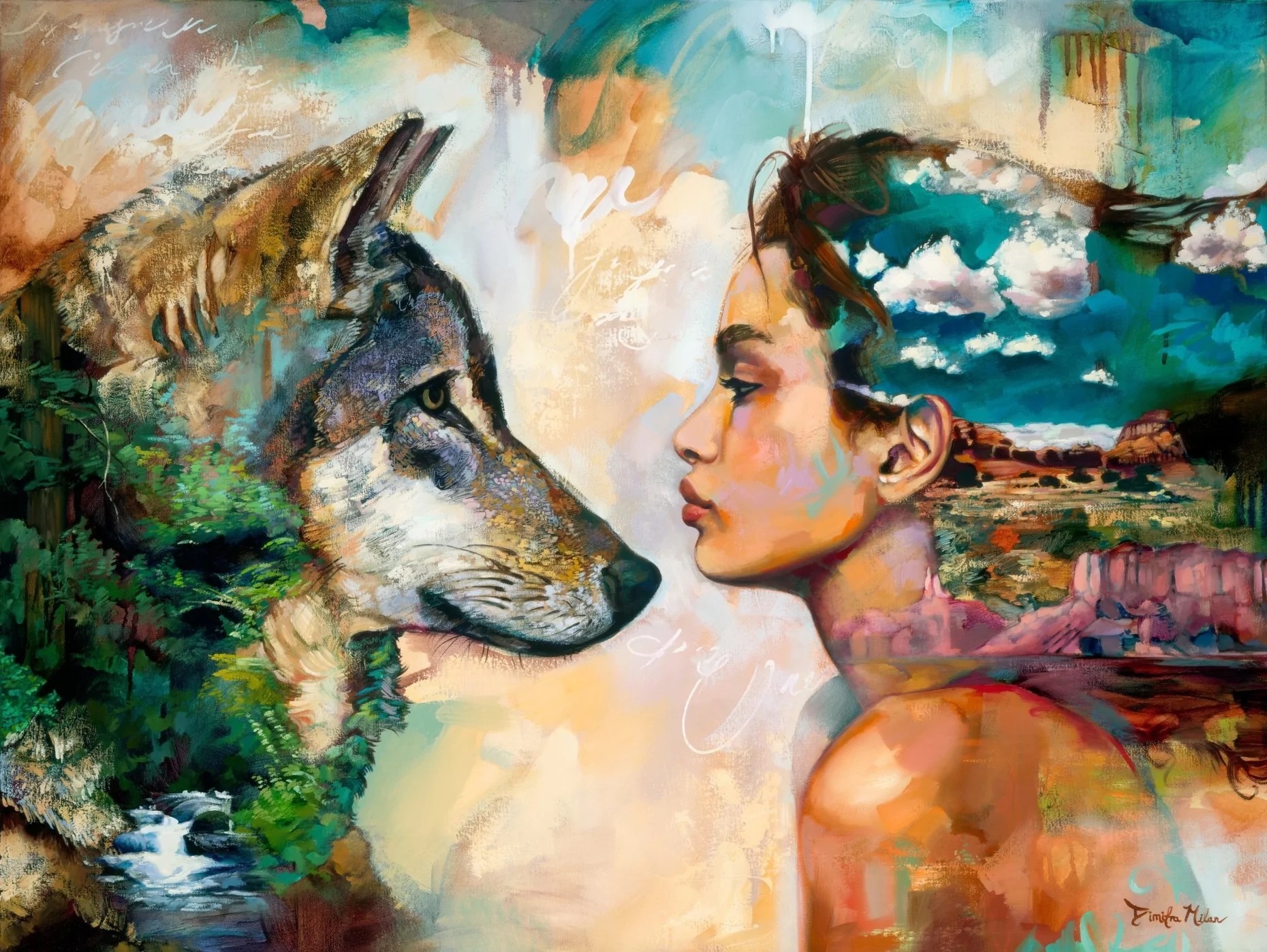 Girl facing wolf